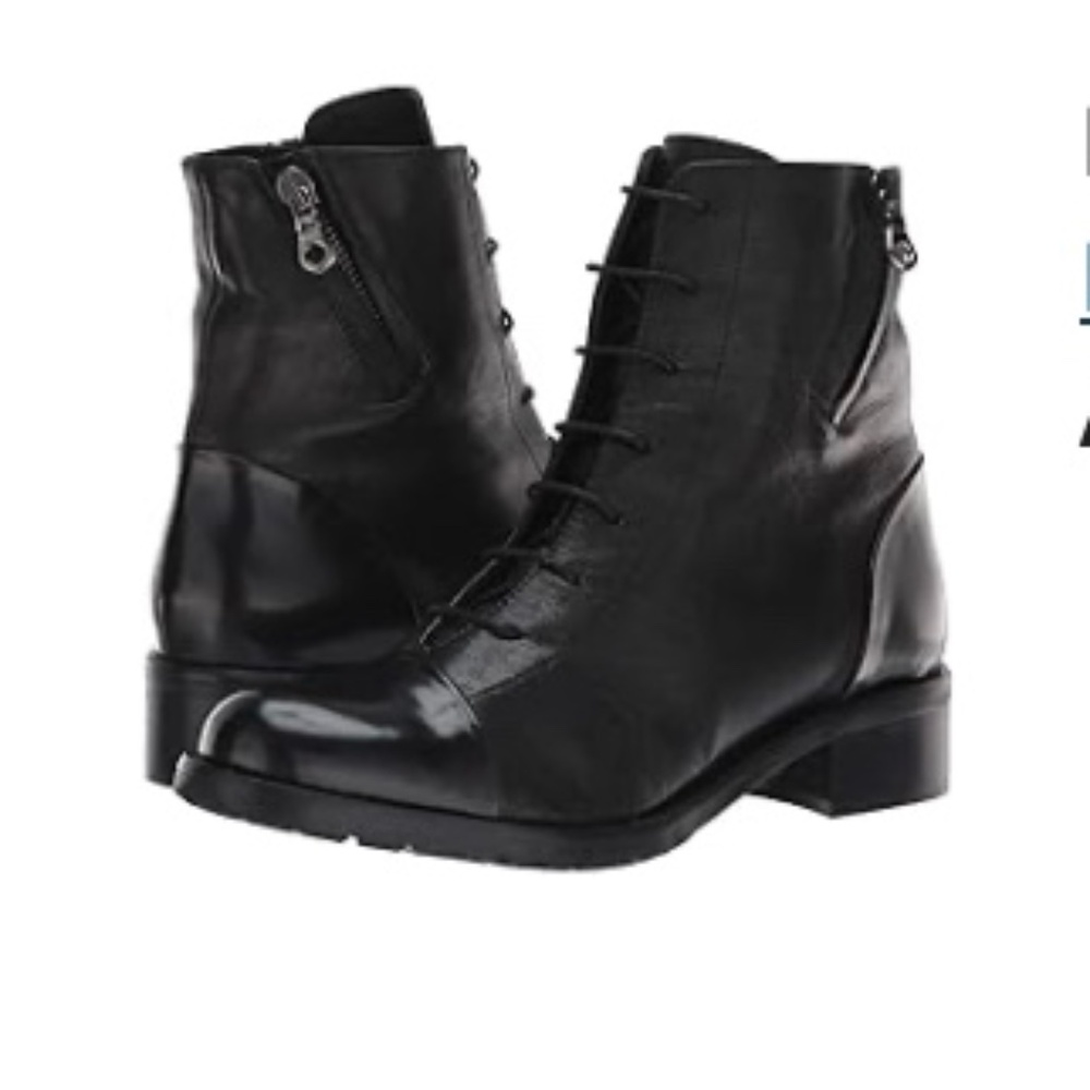 La Canadienne black leather ankle boots w/ patent leather toes, size 38